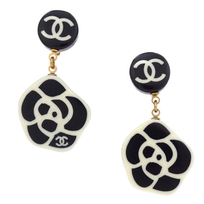 Chanel Dangle Camellia Clip-On Earrings Black Acrylic 03P