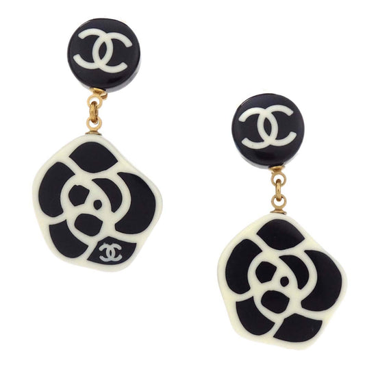 Chanel Dangle Camellia Clip-On Earrings Black Acrylic 03P