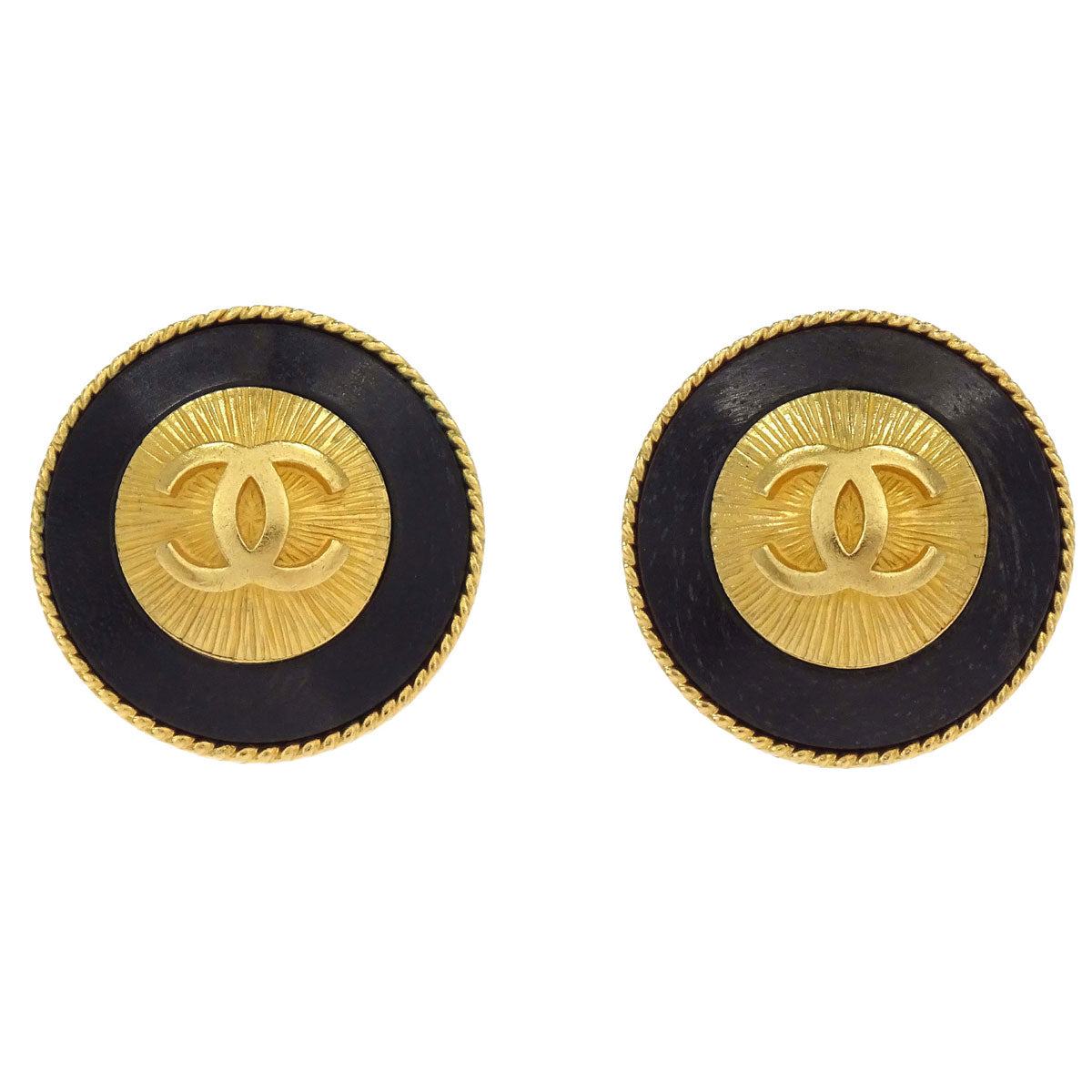 Chanel Button Clip-On Earrings Gold Black 93A