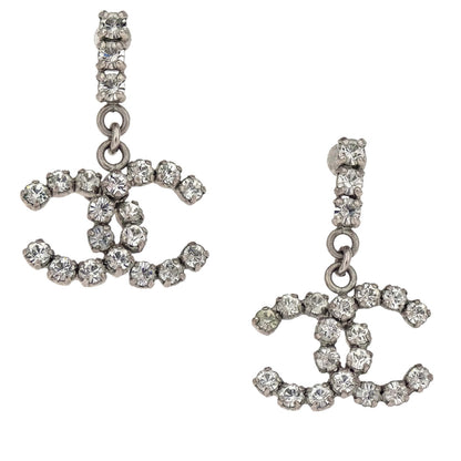 Chanel CC Dangle Pierced Earrings Silver Rhinestone 00A