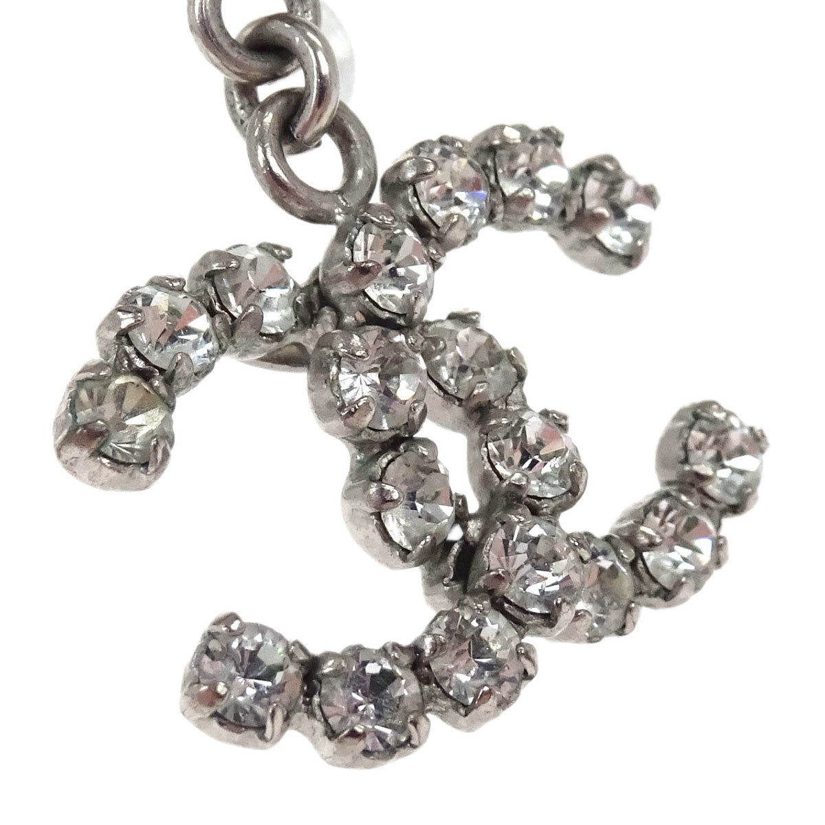 Chanel CC Dangle Pierced Earrings Silver Rhinestone 00A