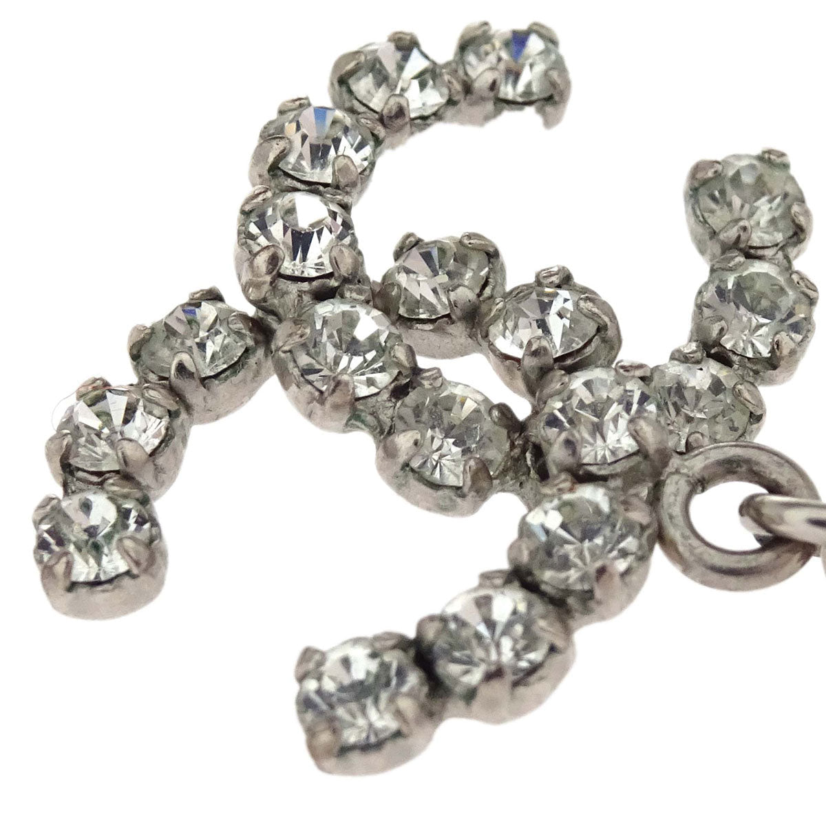 Chanel CC Dangle Pierced Earrings Silver Rhinestone 00A
