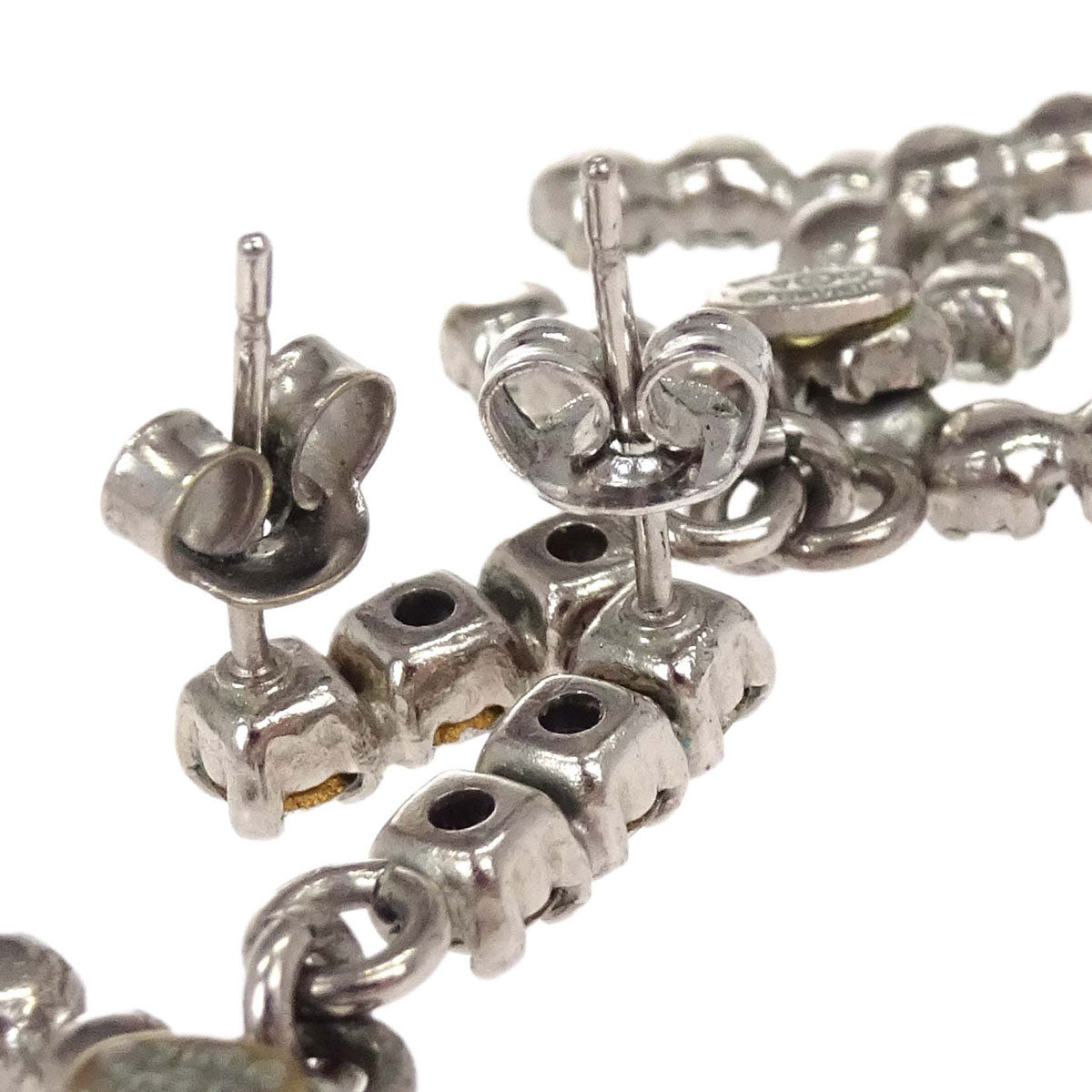 Chanel CC Dangle Pierced Earrings Silver Rhinestone 00A