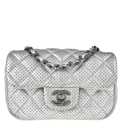 Chanel 2014 Silver Perforated Lambskin Classic Flap Shoulder Bag
