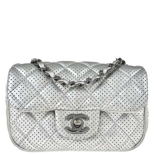 Chanel 2014 Silver Perforated Lambskin Classic Flap Shoulder Bag