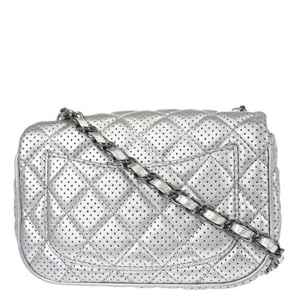 Chanel 2014 Silver Perforated Lambskin Classic Flap Shoulder Bag