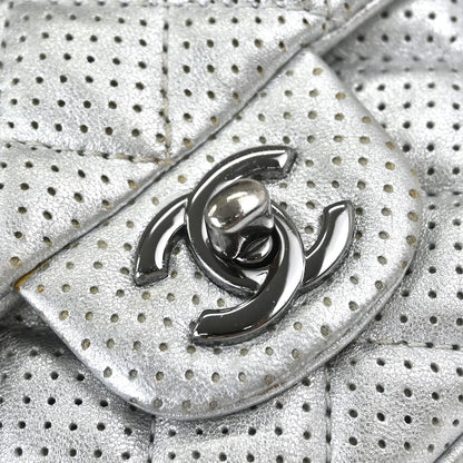 Chanel 2014 Silver Perforated Lambskin Classic Flap Shoulder Bag