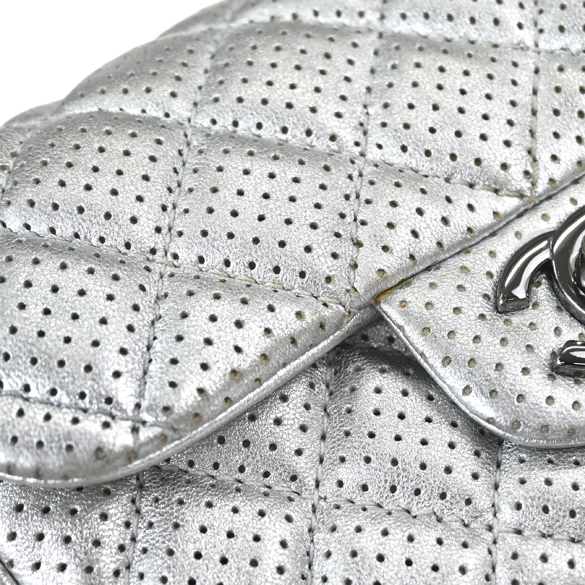 Chanel 2014 Silver Perforated Lambskin Classic Flap Shoulder Bag