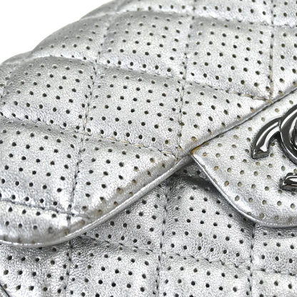 Chanel 2014 Silver Perforated Lambskin Classic Flap Shoulder Bag