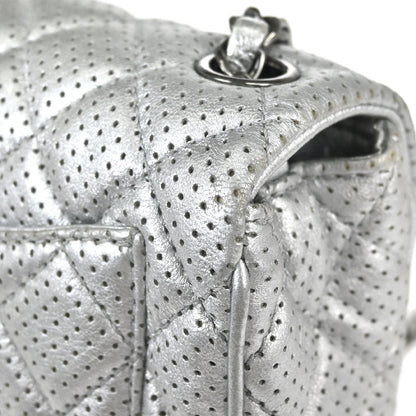 Chanel 2014 Silver Perforated Lambskin Classic Flap Shoulder Bag