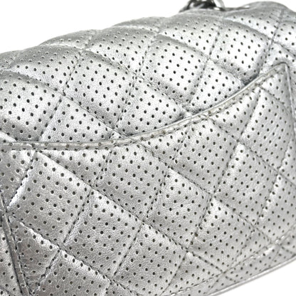 Chanel 2014 Silver Perforated Lambskin Classic Flap Shoulder Bag