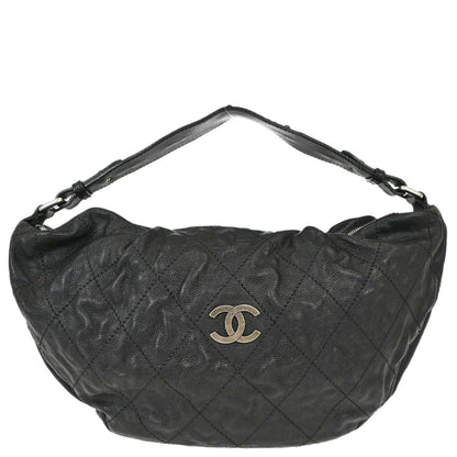 Chanel 2005-2006 Black Caviar Skin Outdoor Ligne Hobo Handbag