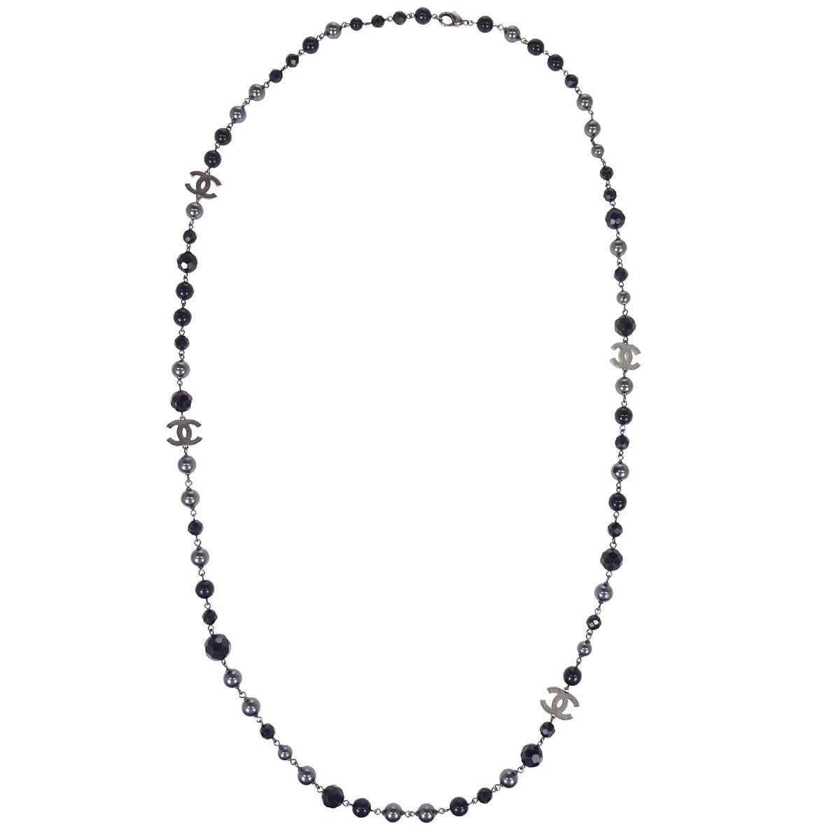 Chanel Black Costume Pearl Beads Chain Necklace Silver A14V
