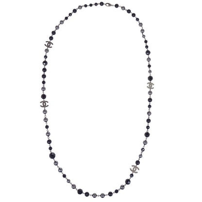 Chanel Black Costume Pearl Beads Chain Necklace Silver A14V