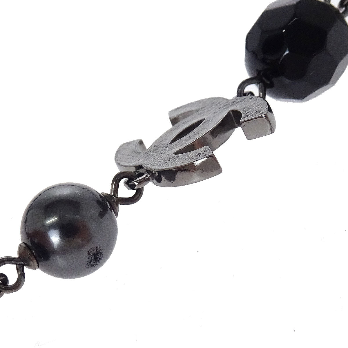 Chanel Black Costume Pearl Beads Chain Necklace Silver A14V