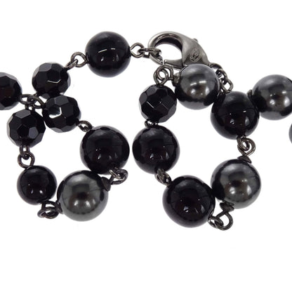 Chanel Black Costume Pearl Beads Chain Necklace Silver A14V