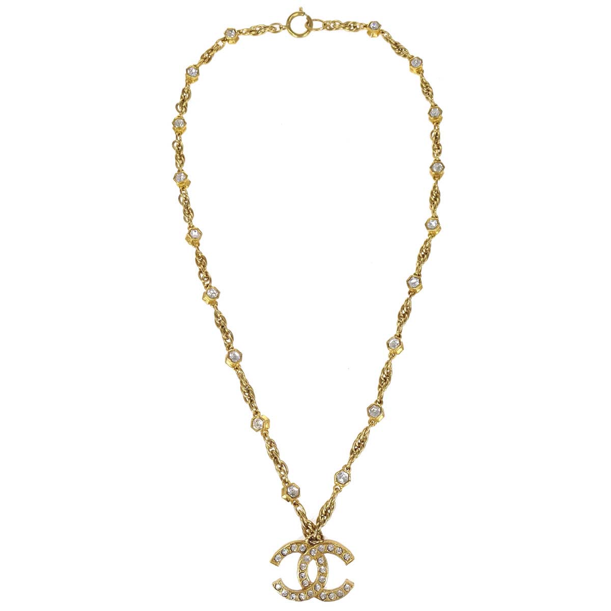 Chanel CC Chain Pendant Necklace Gold Rhinestone