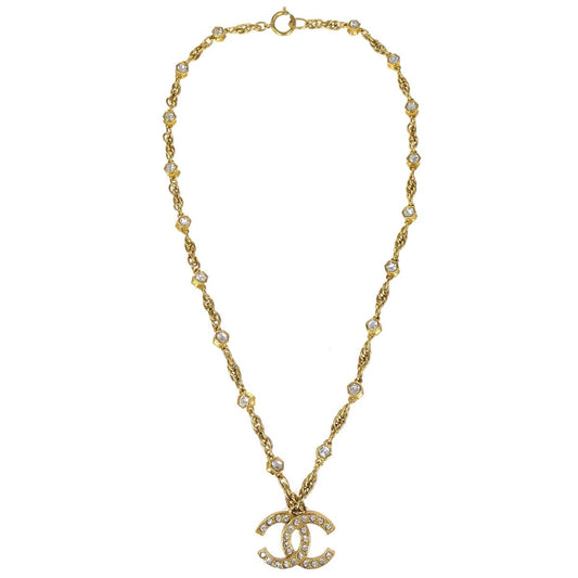 Chanel CC Chain Pendant Necklace Gold Rhinestone