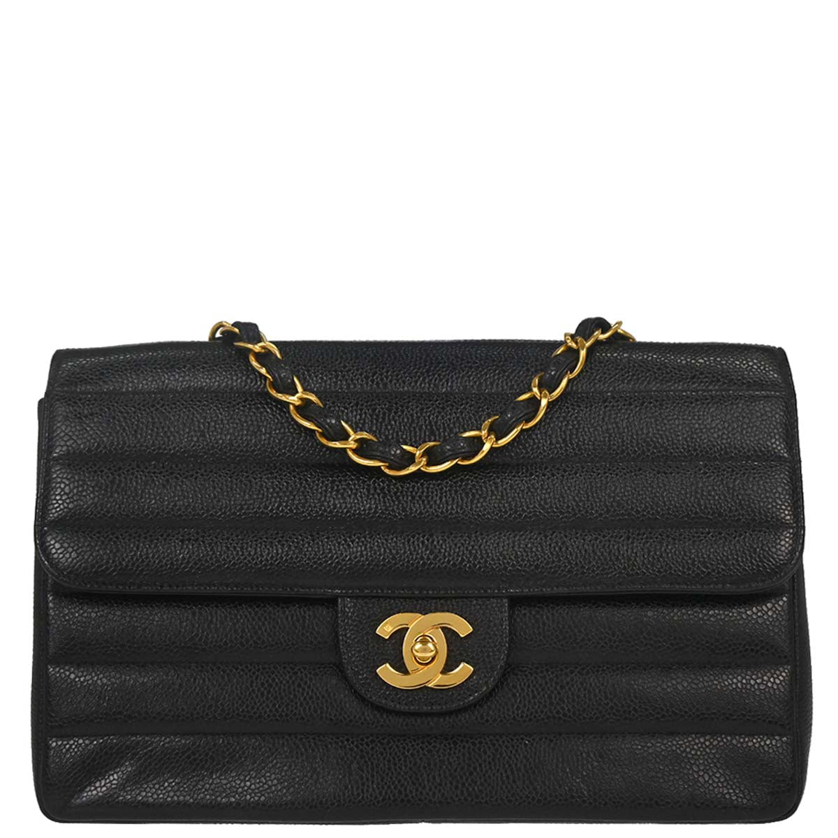 Chanel 1994-1996 Black Caviar Skin Horizontal Stitch Shoulder Bag