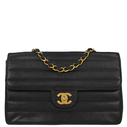 Chanel 1994-1996 Black Caviar Skin Horizontal Stitch Shoulder Bag