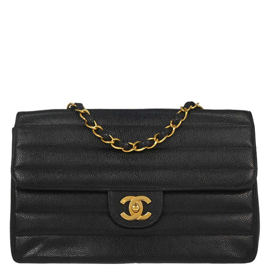 Chanel 1994-1996 Black Caviar Skin Horizontal Stitch Shoulder Bag