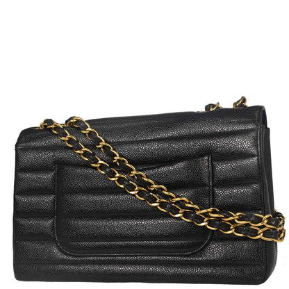Chanel 1994-1996 Black Caviar Skin Horizontal Stitch Shoulder Bag
