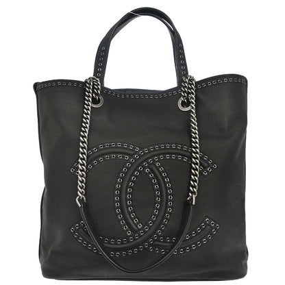 Chanel 2019 Black Caviar Skin Coco Eyelets Large Shopping Tote 2way Shoulder Chain Handbag