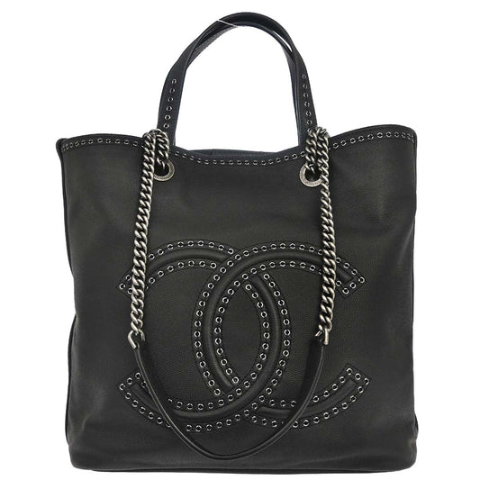 Chanel 2019 Black Caviar Skin Coco Eyelets Large Shopping Tote 2way Shoulder Chain Handbag