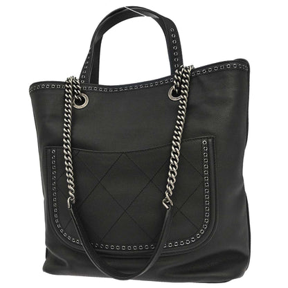 Chanel 2019 Black Caviar Skin Coco Eyelets Large Shopping Tote 2way Shoulder Chain Handbag