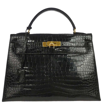 Hermes * Black Porosus Kelly 32 Sellier Handbag