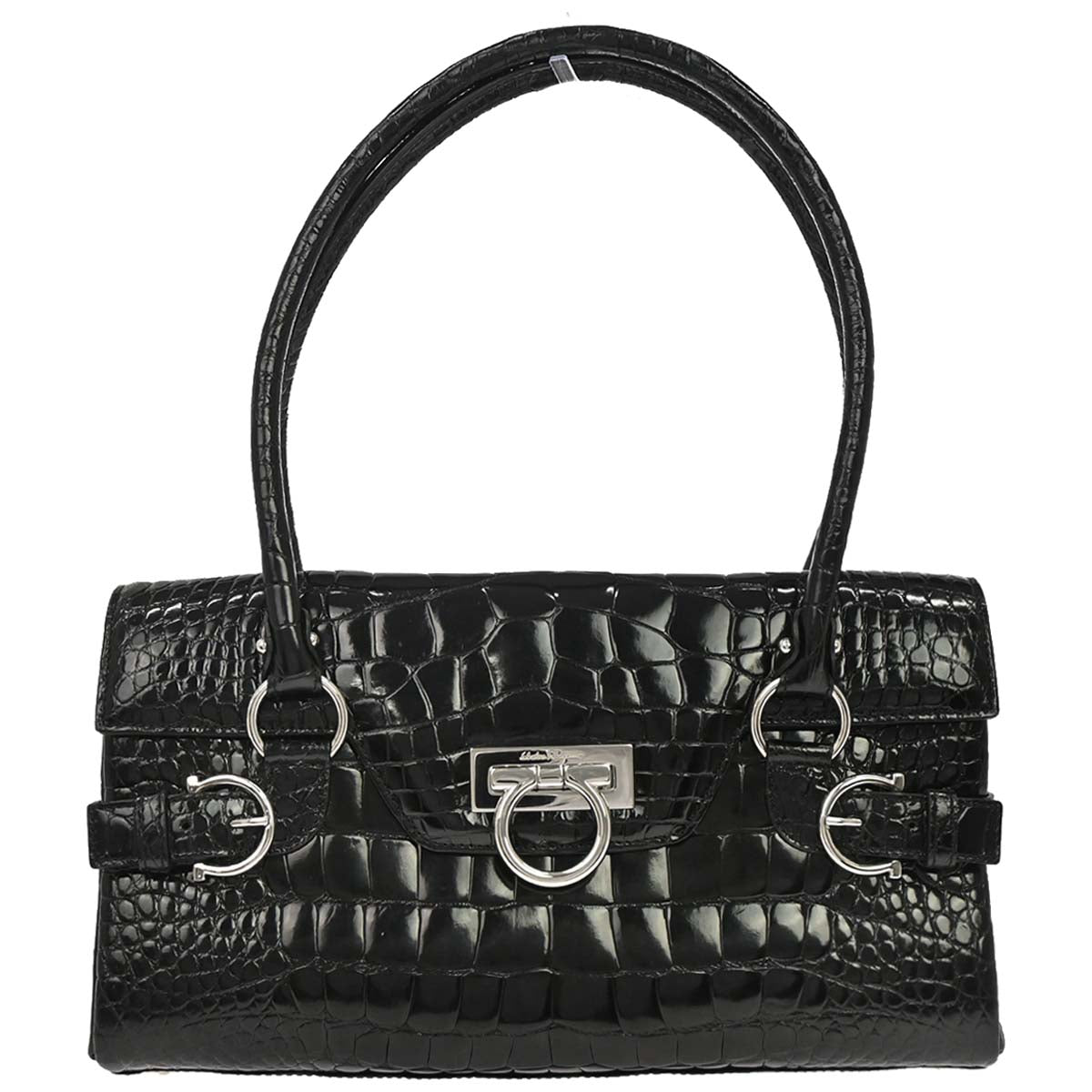 Salvatore Ferragamo * Black Crocodile Gancini Handbag