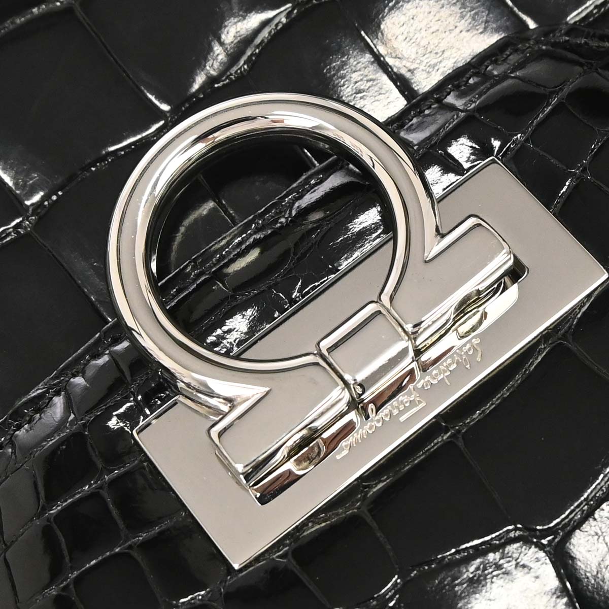Salvatore Ferragamo * Black Crocodile Gancini Handbag