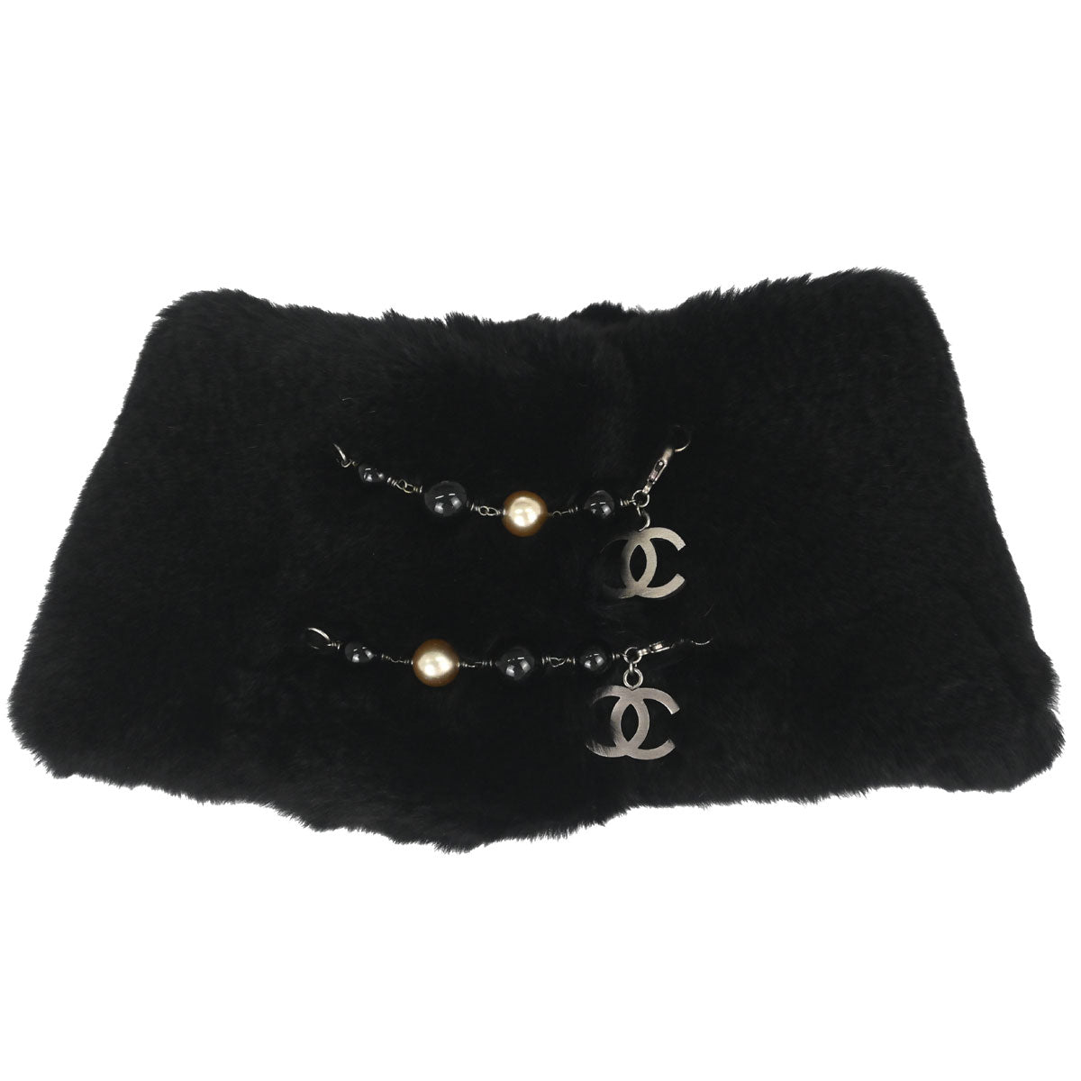 Chanel Lapin Fur Shawl Muffler Stole Black Artificial Pearl Small Good