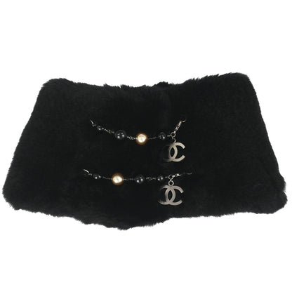 Chanel Lapin Fur Shawl Muffler Stole Black Artificial Pearl Small Good