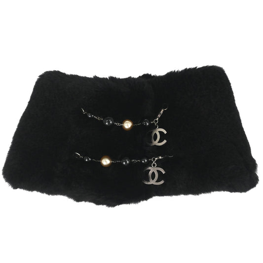 Chanel Lapin Fur Shawl Muffler Stole Black Artificial Pearl Small Good