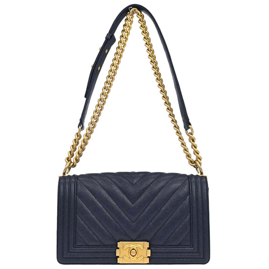 Boy Chanel 2018-2019 Navy Caviar Skin Chevron Medium Shoulder Bag