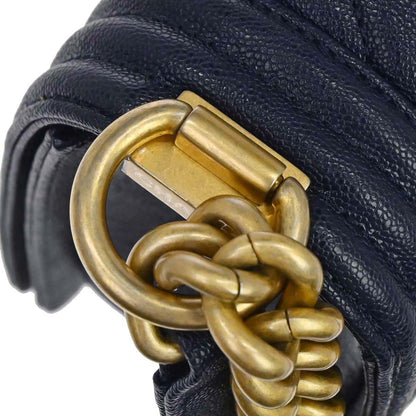 Boy Chanel 2018-2019 Navy Caviar Skin Chevron Medium Shoulder Bag