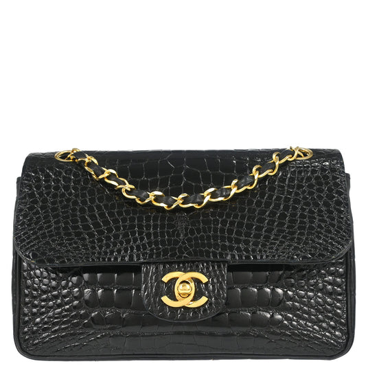 Chanel 1986-1988* Black Alligator Small Classic Double Flap Shoulder Bag
