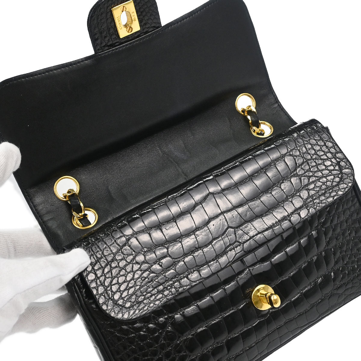 Chanel 1986-1988* Black Alligator Small Classic Double Flap Shoulder Bag