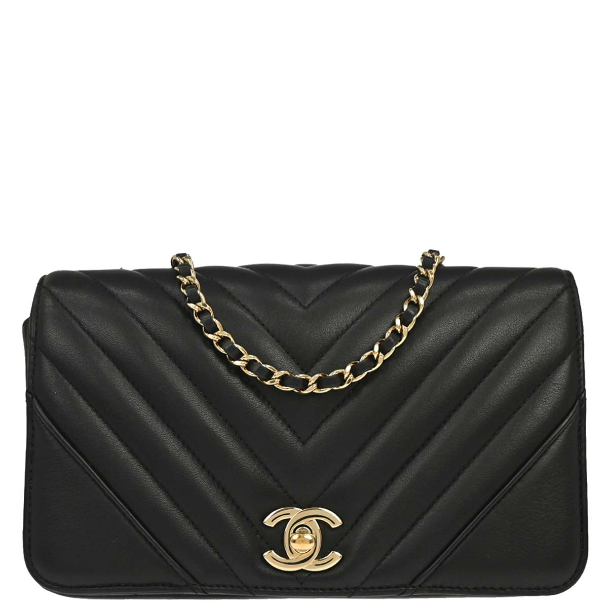 Chanel Black Lambskin Chevron Turnlock Mini Full Flap Shoulder Bag