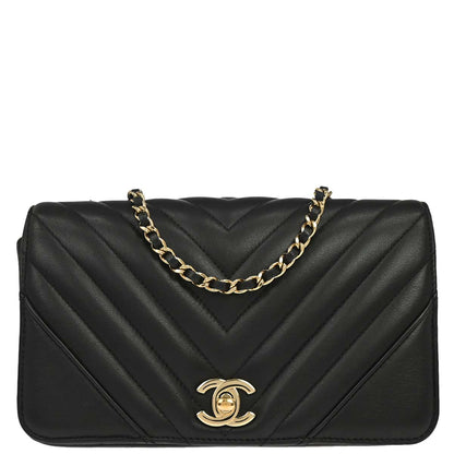 Chanel Black Lambskin Chevron Turnlock Mini Full Flap Shoulder Bag
