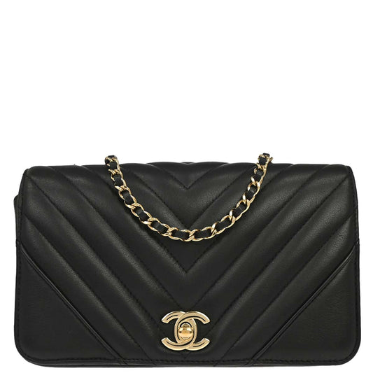 Chanel Black Lambskin Chevron Turnlock Mini Full Flap Shoulder Bag