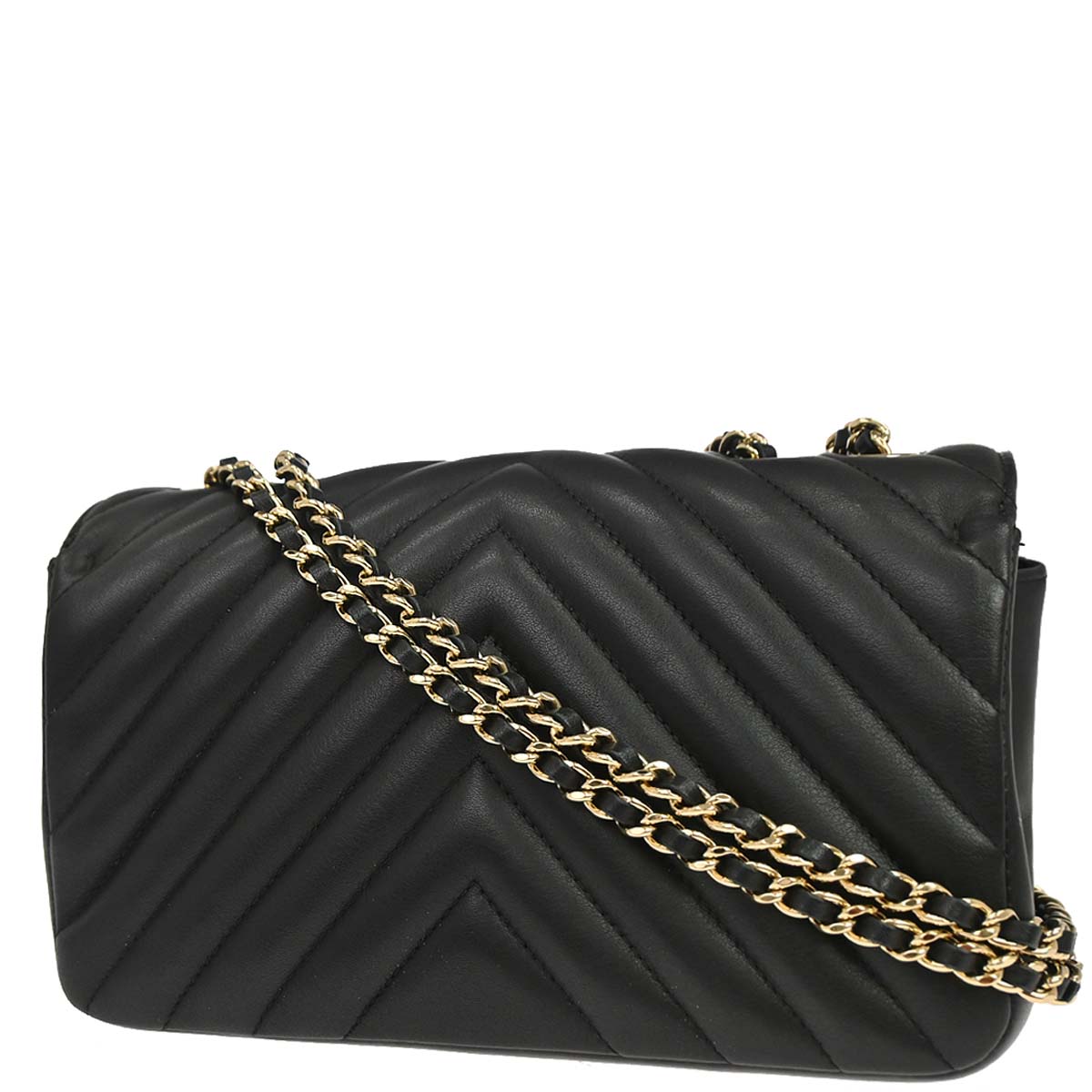 Chanel Black Lambskin Chevron Turnlock Mini Full Flap Shoulder Bag