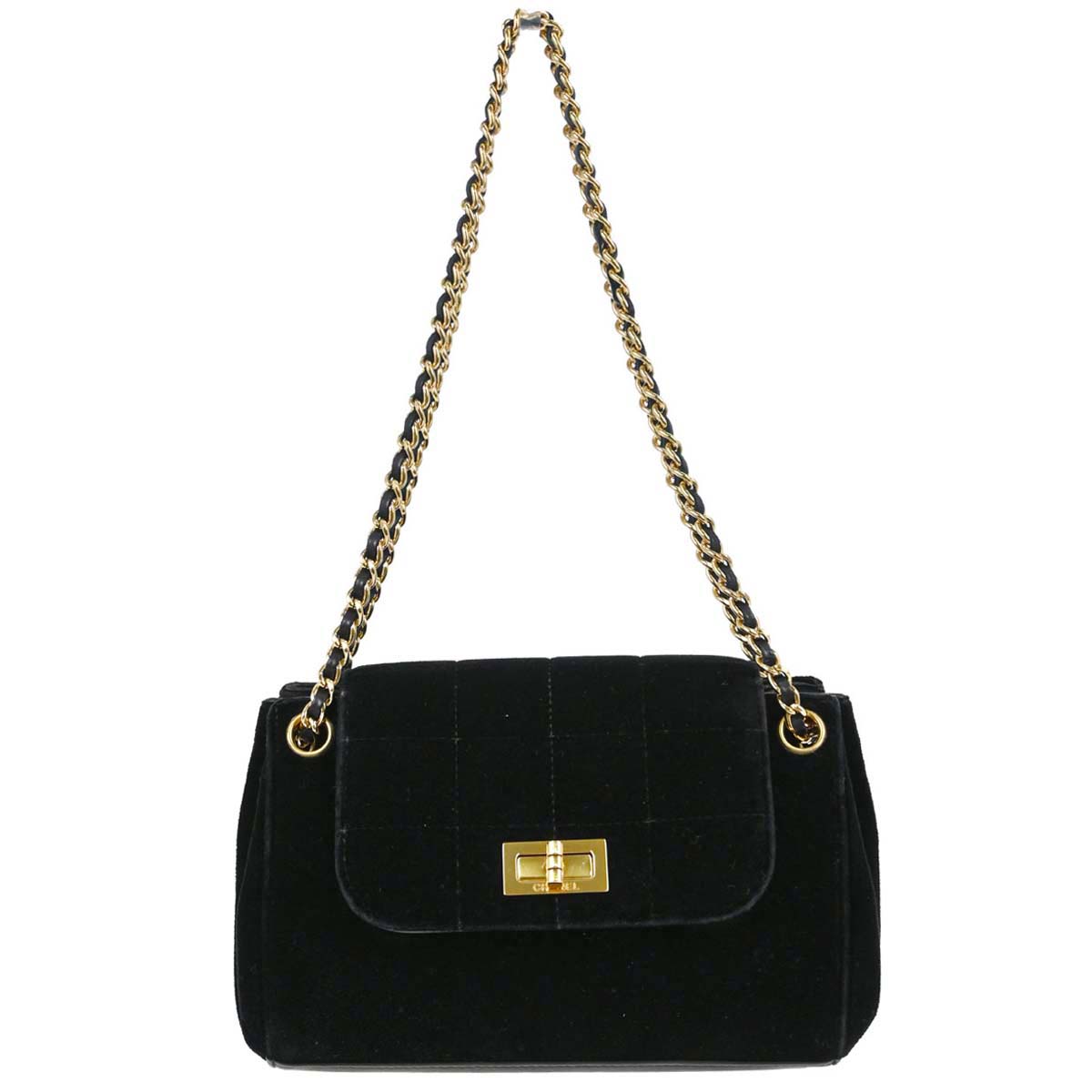 Chanel 2001-2003 Black Velvet Choco Bar Mademoiselle Lock Shoulder Bag