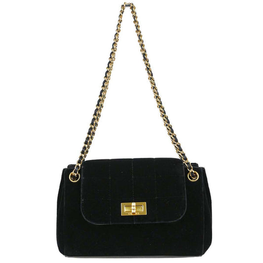 Chanel 2001-2003 Black Velvet Choco Bar Mademoiselle Lock Shoulder Bag