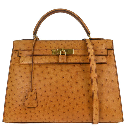 Hermes * Chestnut Ostrich Kelly 32 Sellier 2way Shoulder Handbag
