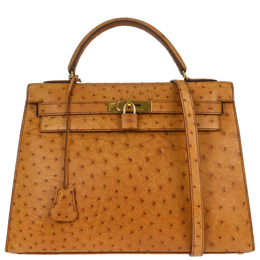 Hermes * Chestnut Ostrich Kelly 32 Sellier 2way Shoulder Handbag