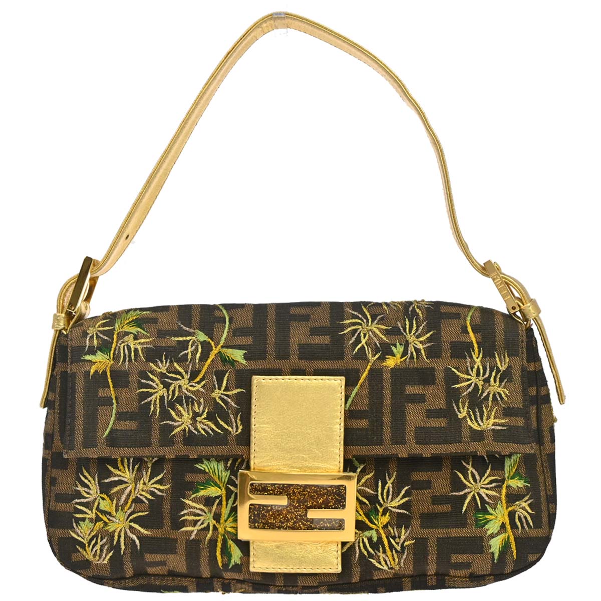 Fendi Brown Canvas Zucca Palm Tree Embroidery Baguette Handbag
