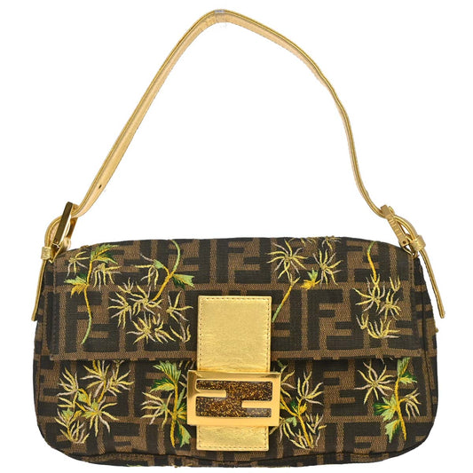 Fendi Brown Canvas Zucca Palm Tree Embroidery Baguette Handbag