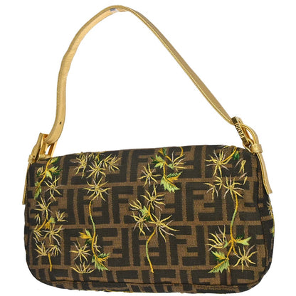Fendi Brown Canvas Zucca Palm Tree Embroidery Baguette Handbag